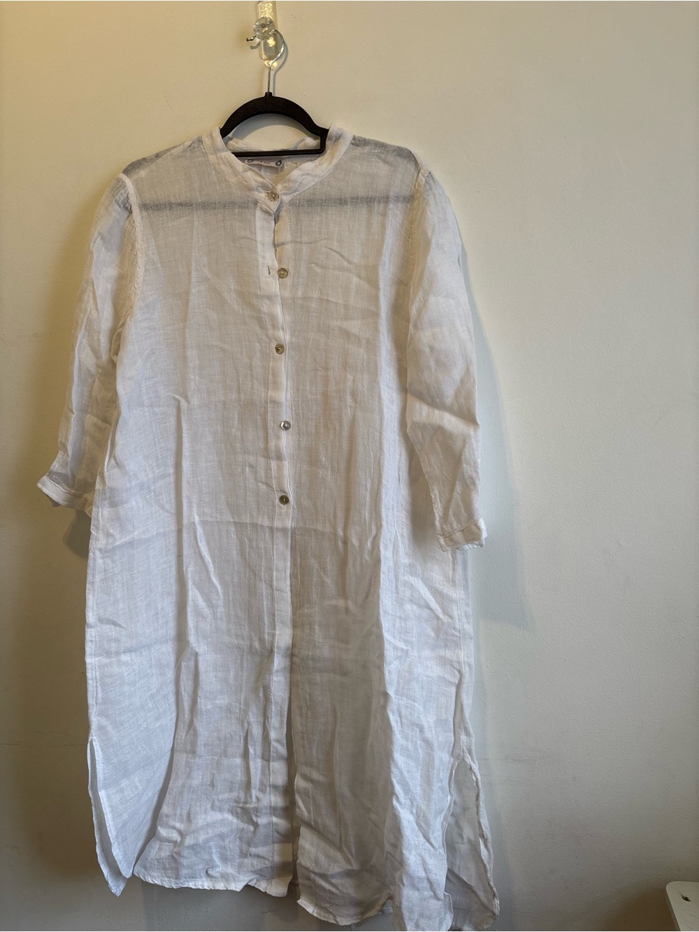 Casual White Linen Button-Front Long Shirt Dress